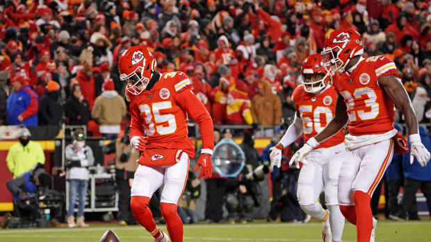 Jan 29, 2023; Kansas City, Missouri, USA; Kansas City Chiefs cornerback Jaylen Watson (35) reacts after making an interception against the Cincinnati Bengals during the second quarter of the AFC Championship game at GEHA Field at Arrowhead Stadium. Mandatory Credit: Denny Medley-USA TODAY Sports